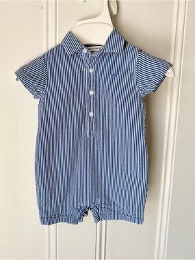 Janie & Jack Baby Boy Romper Outfit Seersucker Blue 6-12 Mo One Piece Nautical